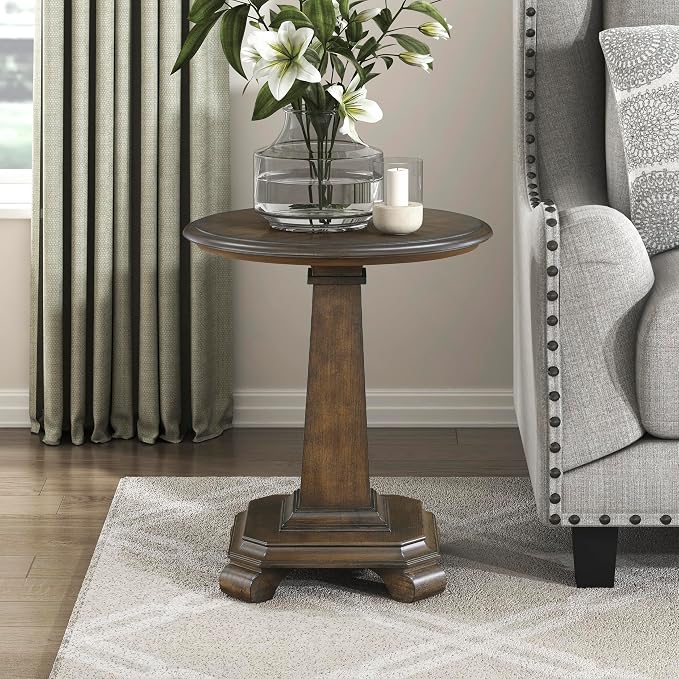 Lexicon 22 Dia. Round End Table, Wood Side Table with Sturdy Pedestal Leg, Cherry Veneer Accent Nightstand with for Small Spaces, Living Room, Bedroom, Entryway, Easy Assembly, Brown