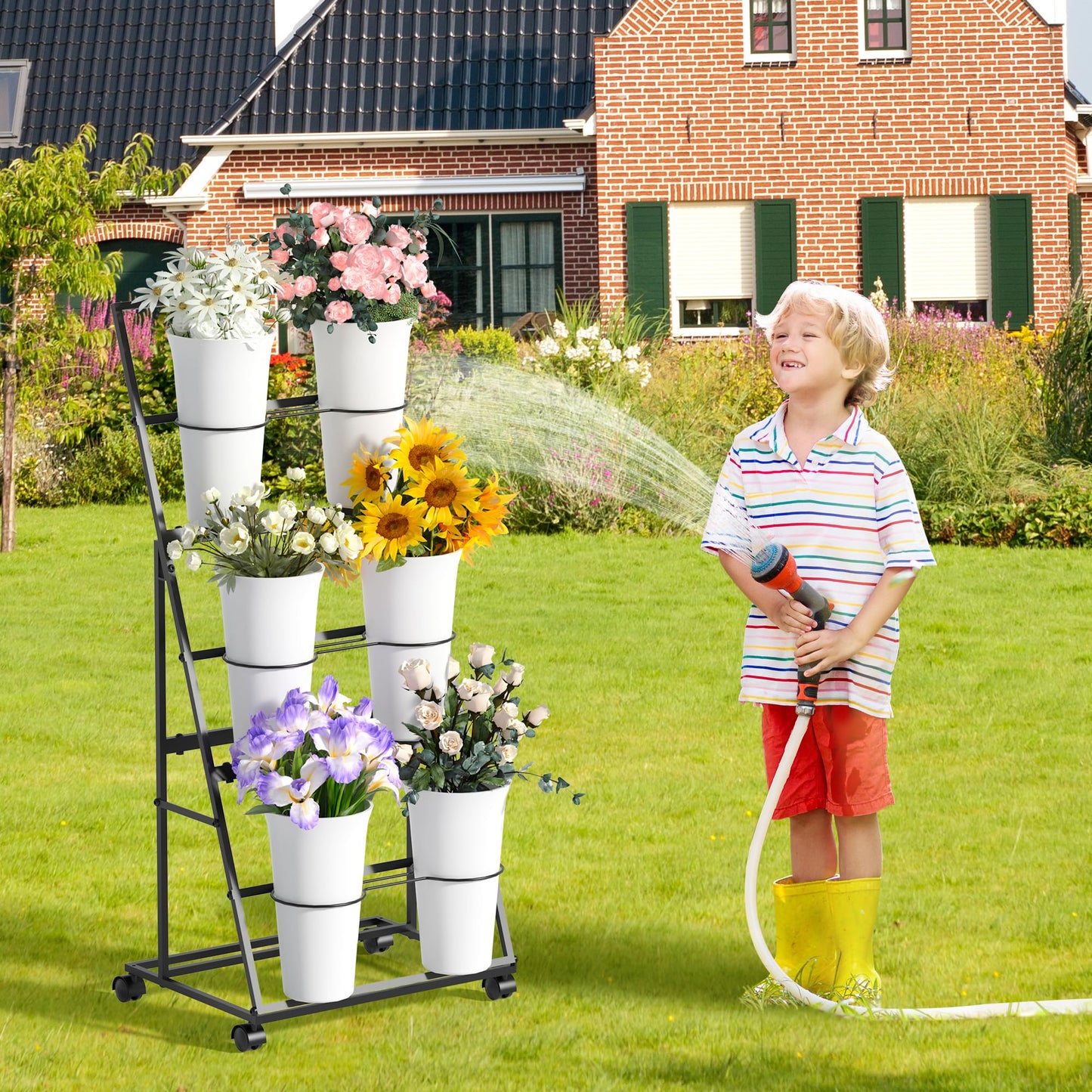 Invech Flower Display Stand with 6 Buckets and Wheels, 3 Tier Flower Cart Display Stand for Indoor Outdoor Garden, Wedding, Flower Shop (Existing Patent)