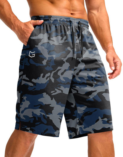 G Gradual Men's Athletic Shorts with Pockets 9" / 11" Long Basketball Shorts Lightweight Quick Dry Gym Workout Shorts for Men(Blue Camo,XXXL)