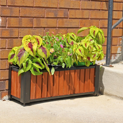 Sunnydaze Slatted Rectangular Wood Planter Box with Powder-Coated Steel Frame - 24" Acacia Wood Planter with Removable Liner - 3.7 Gal Capacity