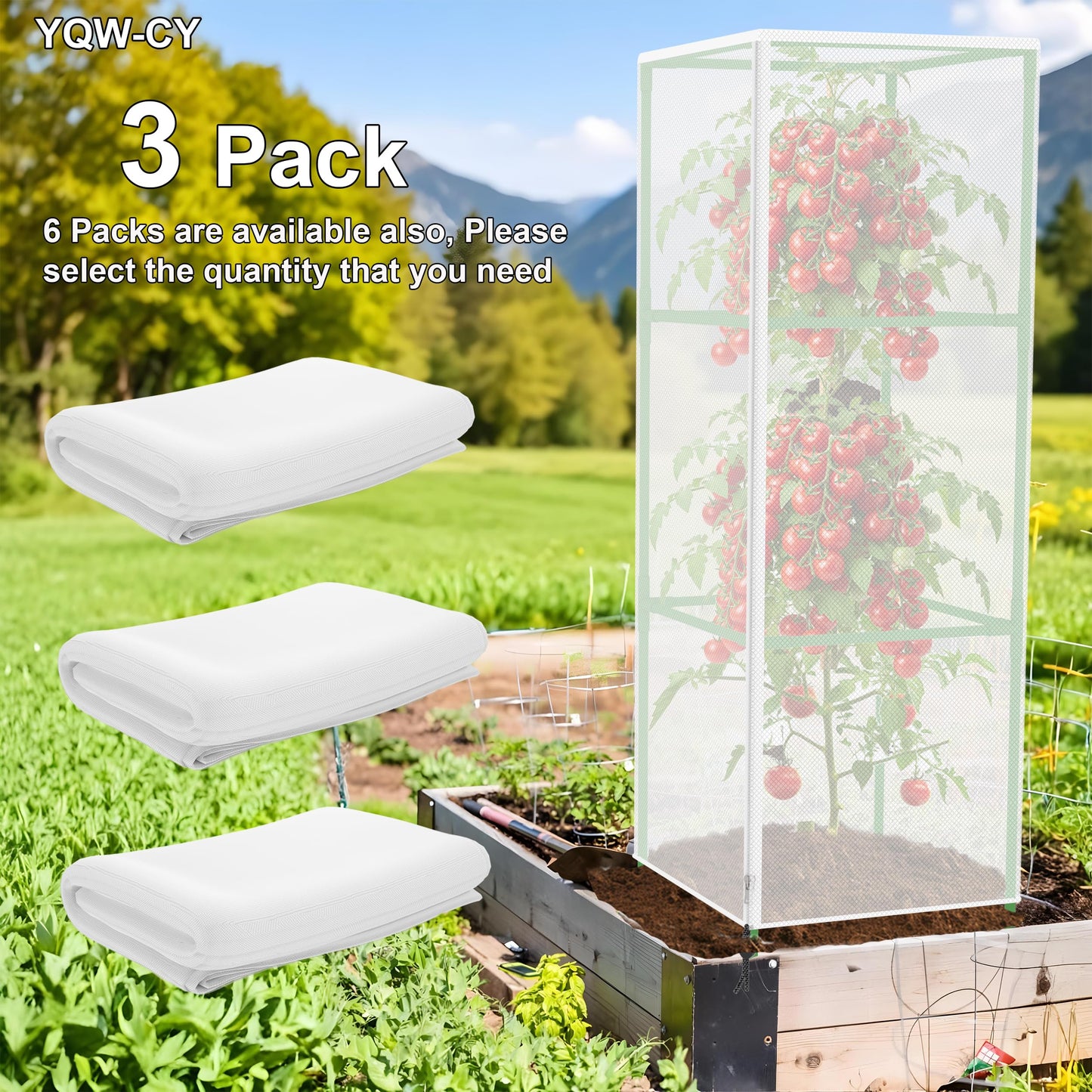 Garden Bird Netting Plant Cover for Square Tomato Cage, 59" x 17.7" Insect Barrier Tomato Cage Net with Zipper and Drawstring, Tomato Trellis Netting Protection Cover for Protecting Plant (3 Pack)