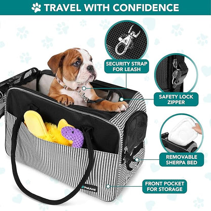 PetAmi Dog Purse Carrier for Small Dogs, Airline Approved Soft Sided Pet Carrier with Pockets, Ventilated Dog Carrying Bag for Puppy Cat, Dog Travel Supplies Bag, Sherpa Bed, Max 12 lbs, Stripe Black