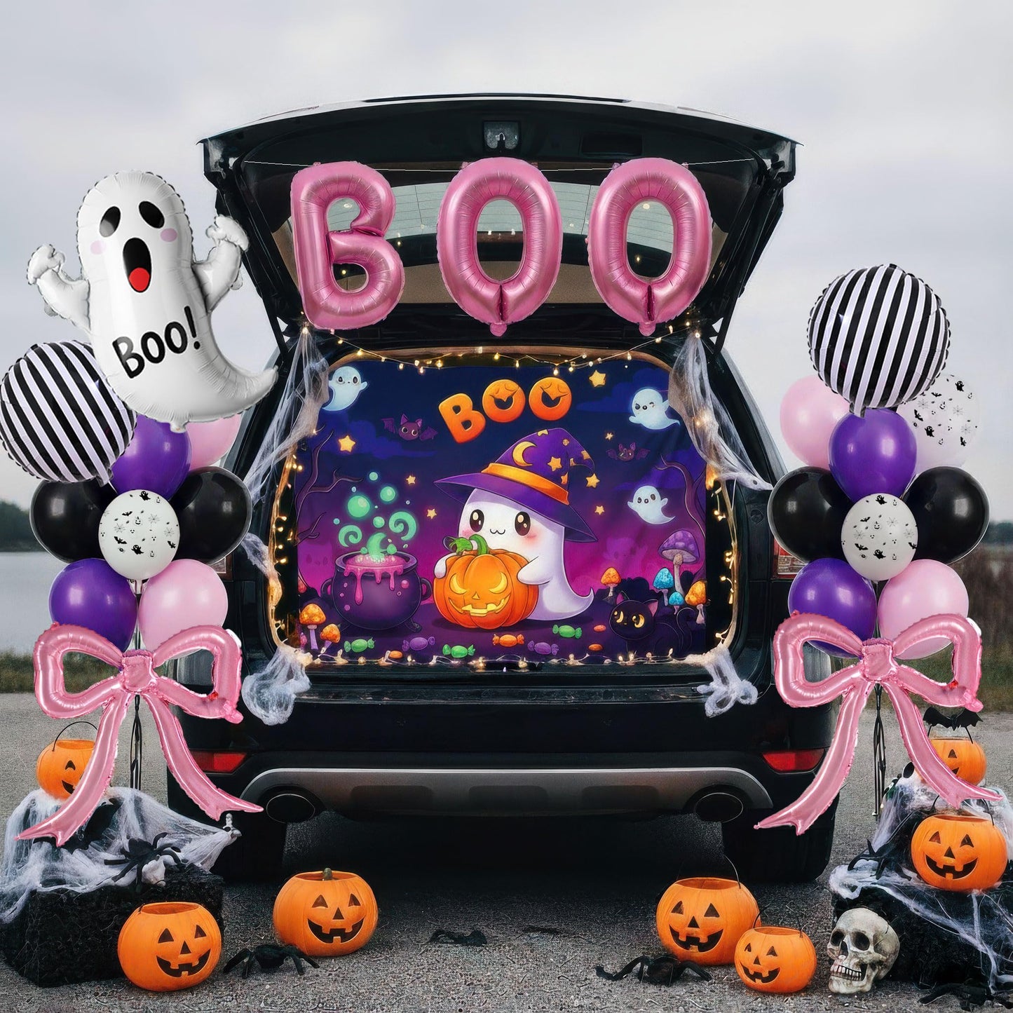 yeewaka Halloween Trunk or Treat Car Decorations Kit with BOO Letter Bow Ghost Balloons String Lights Background Cloth Cute Ghost Trunk or Treat for SUV Car Archway Garage Halloween Party Supplies