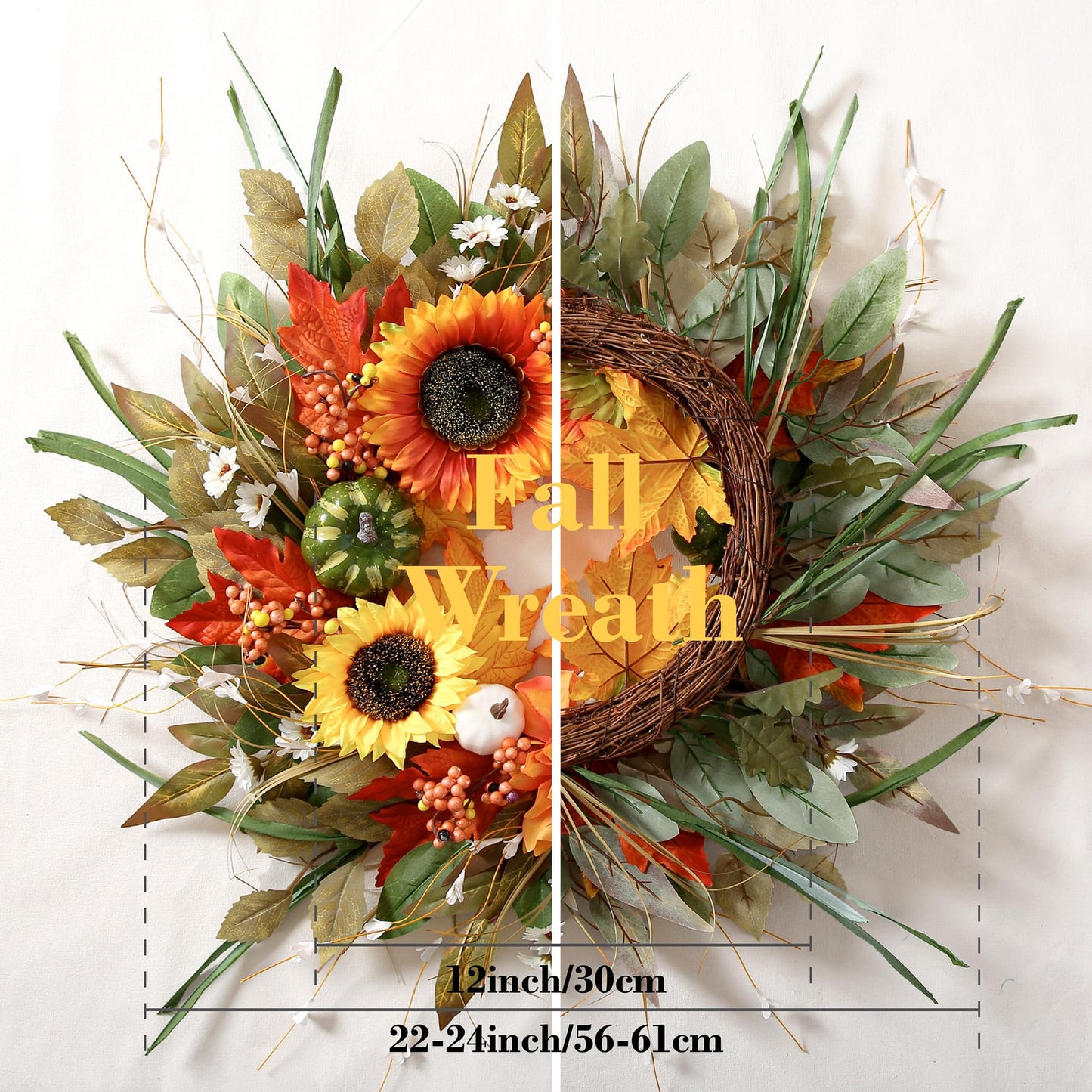 Sunflower Wreaths for Front Door Outside All Season, 24 Inch Artificial Dahlia and Sunflower Door Wreath with Greenery, Pumpkins and Maple Leaves for Home Porch Decor
