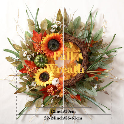 Sunflower Wreaths for Front Door Outside All Season, 24 Inch Artificial Dahlia and Sunflower Door Wreath with Greenery, Pumpkins and Maple Leaves for Home Porch Decor