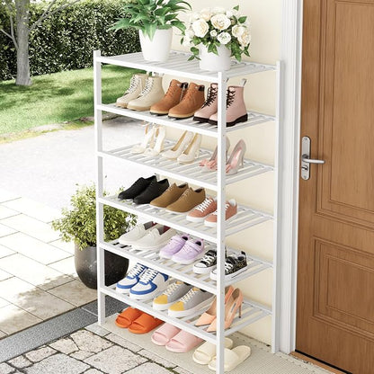 Smiry Bamboo Shoe Rack, 6 Tier Free Standing Wooden Shoe Organizer, Stackable Wood Shoe Storage Shelf for Closet, Entryway, 14 Vertical Slats, 2+2+2 Stack Heavy-Duty Legs, 26.8"x11"x39", White