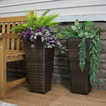Sunnydaze Square Tall Wicker Outdoor Planter Set of 2 - Polyrattan Large Outdoor Planters for Porch, Patio or Garden - 24" Tall Plant Pots - Brown