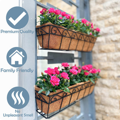 LaLaGreen Bundle (2 Pack, 24 Inch White + 2 Pack, 24 Inch Black) Window Flower Boxes with Coco Liner, Wall Mounted Planters Balcony Deck Railing Over The Rail Metal Horse Troughs Fence Patio Porch