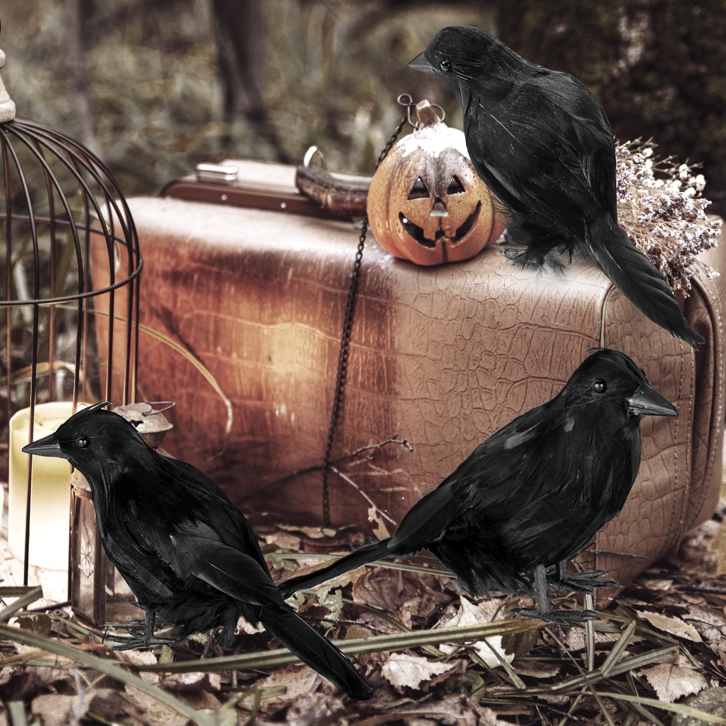 JOYIN Halloween Crow Raven 3Pcs Feather Bird, Black Prop Fake Birds Crows, Halloween Decorations for Haunted House Graveyard Cemetery Yard Table Party Favors