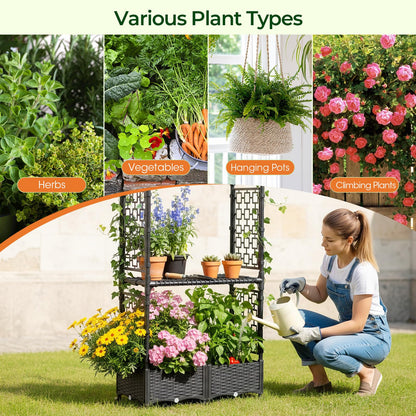 MQHUAYU 71"x16"x32" Planter Box with Trellis, 3-in-1 Self-Watering Planter Box with Wheels for Patio,Raised Garden Bed with Trellis, Drainage Holes & Metal Storage Rack for Vine Climbing Plants