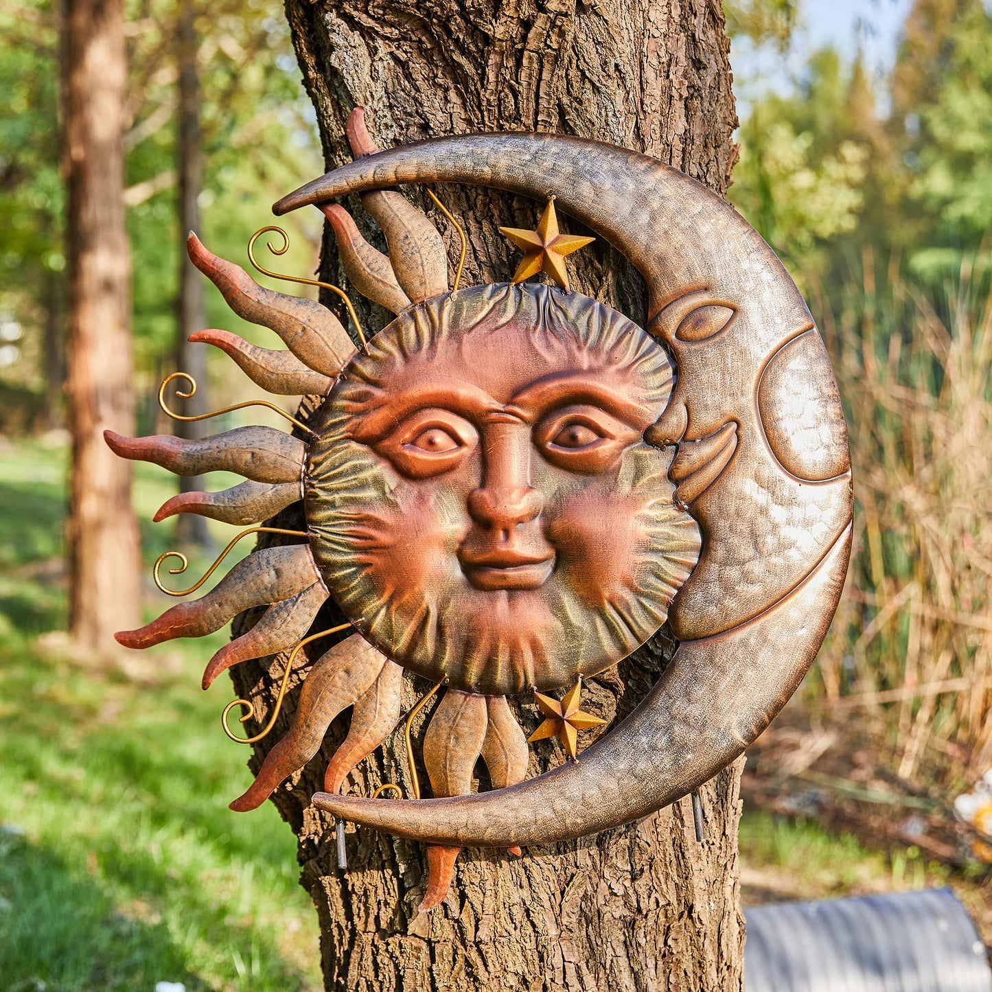 Glitzhome Metal Sun and Moon Wall Decor, Garden Yard Stake with Celestial Outdoor Sculpture Design, Bronze Copper Rustic Art for Patio Lawn Spring Landscape Decoration