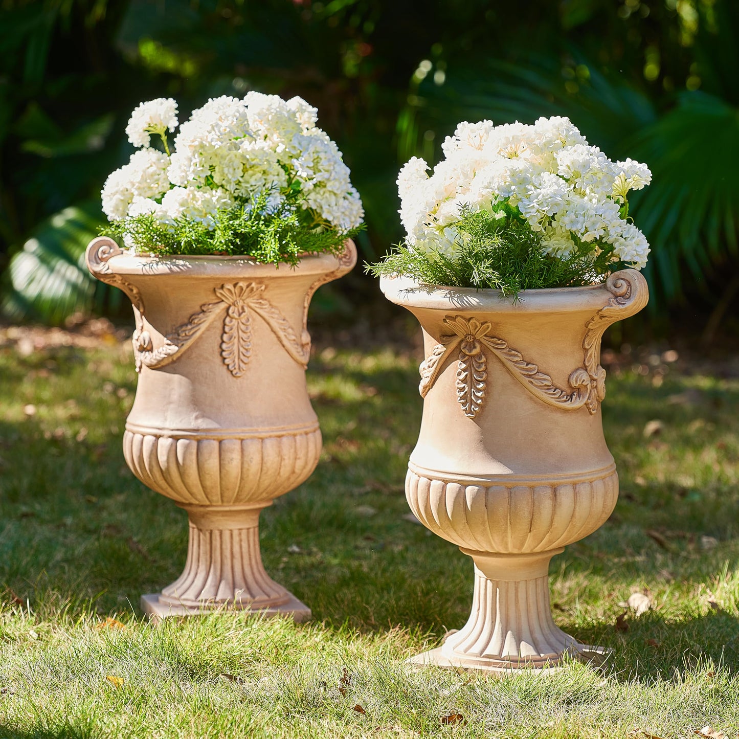 Christopher Knight Home Gary MGO Round Planters Set of 2, Outdoor Flower Pots with Floral Relief Carvings, Classical Garden Urn with Drainage Hole, Patio Urn Planters for Garden, Terracotta