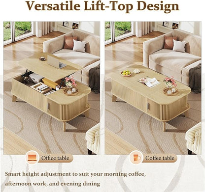 HUAHUU Coffee Table with Storage, 37.4" Lift Top Table for Living Room, Mid Century Modern Coffee Table with Sliding Fluted Doors for Small Space, Light Oak
