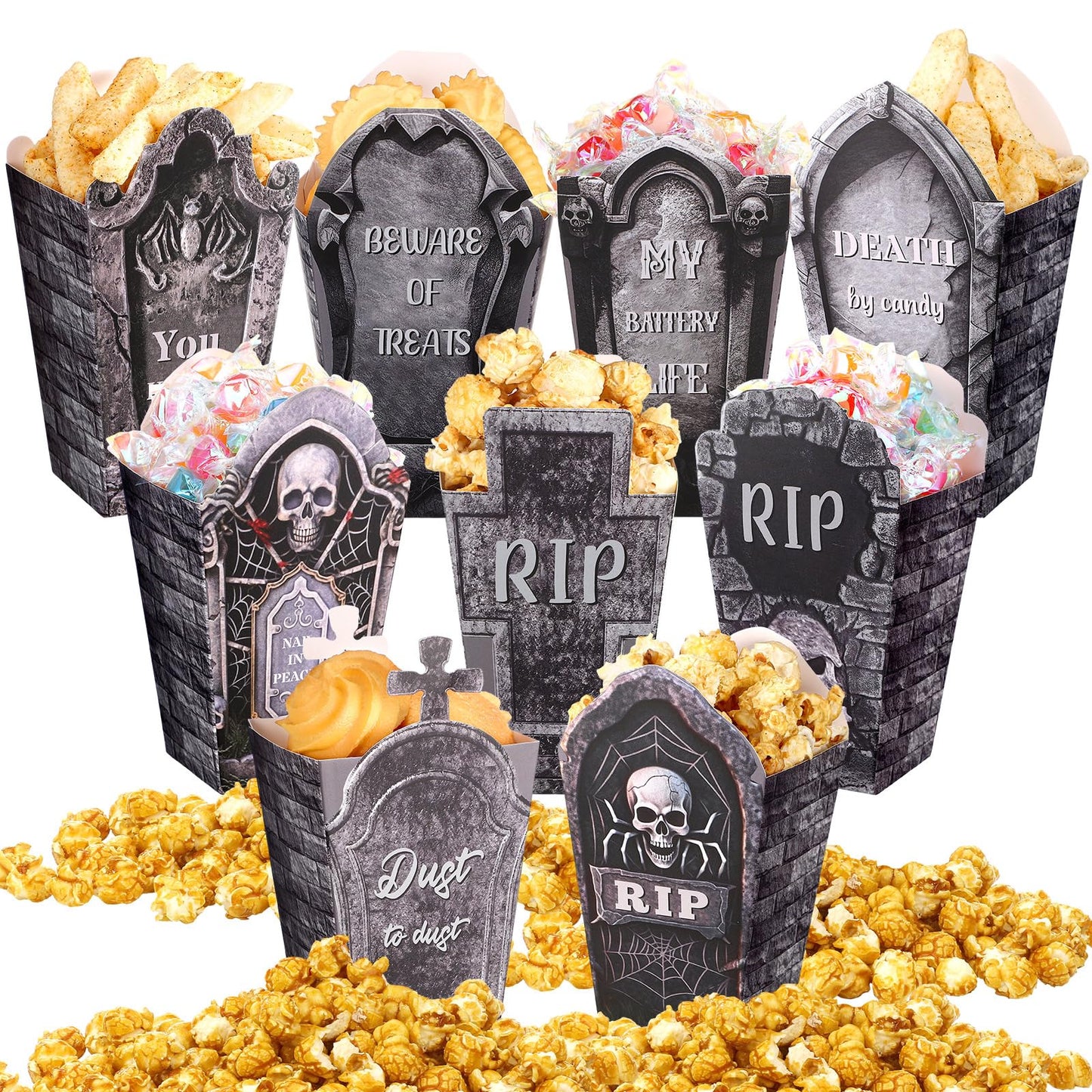 Weekgrat 90 Pcs 9 Styles Halloween Tombstone Popcorn Boxes Cardboard Popcorn Bags Snack Boxes Treat Bags for Candy Biscuits Party Favors