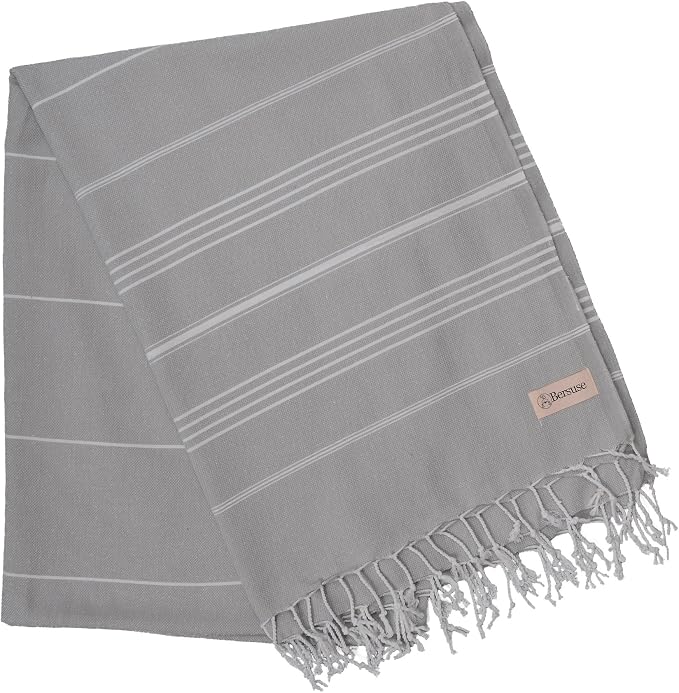 Bersuse Towels Anatolia XL Beach Blanket Throw Blanket Turkish Towel 100% Cotton Extra-Large Quick-Dry Lightweight Premium Peshtemal Towel - 61x82 Inches, Silver Grey