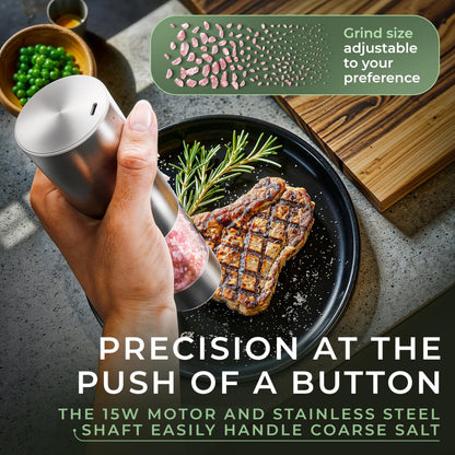 WALDWERK Electric Salt and Pepper Grinder Set (300 mAh Rechargeable Battery) - Salt and Pepper Shakers with Elegant Acacia Wood Stand – Rechargeable Automatic Salt and Pepper Grinder Set