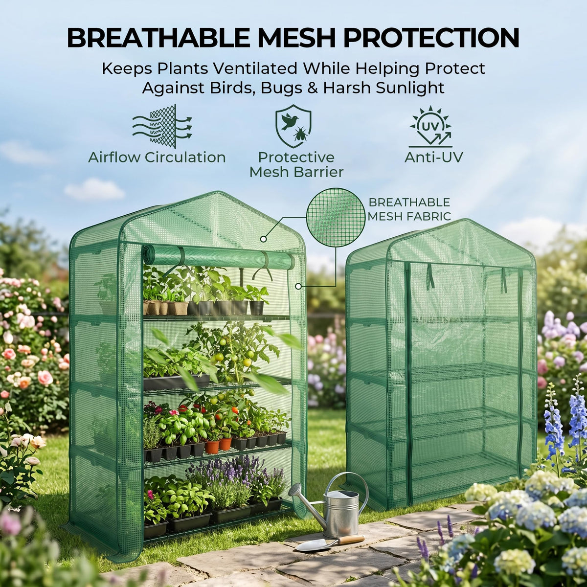Worth Garden 50% Extra Wide Mini Greenhouse 4 Tier Portable Plant Green House 40in Wide -Sturdy Gardening Shelves with PE Cover & Roll-Up Zipper Door - Indoor & Outdoor Use - 19″W. x 40″L. x63″H.