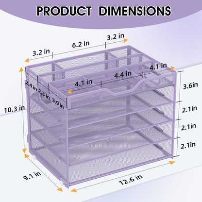 OrgMate 5 Tier Paper Letter Tray with 3 Drop-in Pen Holders, Mesh Desk File Organizer with Handle, Desk Organizers and Accessories for School,Home, Office Supplies Storage-Purple