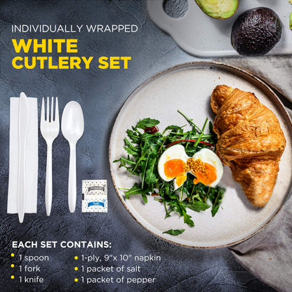 Fit Meal Prep 75 Pack Individually Wrapped Utensils - Prepackaged White Plastic Cutlery Set with Disposable Spoon, Fork, Knife, Napkin, Salt and Pepper Packets - Prewrapped to Go Silverware Utensil