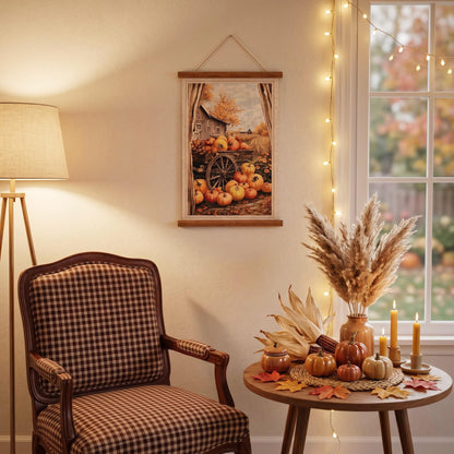 ArtbyHannah Farmhouse Fall Wall Art Decor, Harvest Autumn Thanksgiving Scroll Wall Decor for Bedroom Bathroom Door Home Decor, Rustic Linen Wall Hanging Artwork with Pumpkin Barn Scene, 16x24 Inch