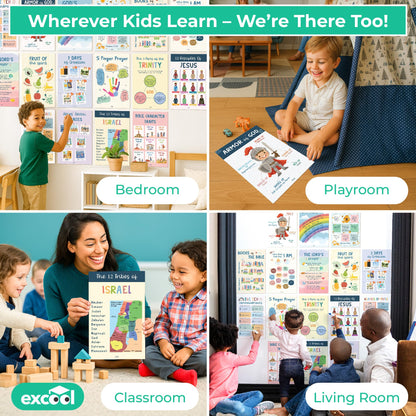 Excool Club Sunday School Decorations For Classroom - 16 Book Of The Bible Posters For Kids, Ten Commandments Fruit Of The Spirit Wall Art, Bible Study Supplies For Christian Classroom Decor (11"x17")