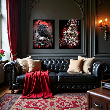 3 Piece Gothic Halloween Canvas Wall Art – Framed Dark Crow Floral Skull Prints, Spooky Romantic Aesthetic Gothic Pictures for Living Room, Bedroom, Bathroom Halloween Decor – 12x16in