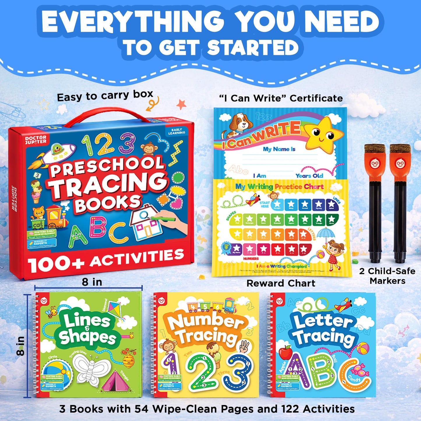 Doctor Jupiter Preschool Tracing Books for Toddlers, 3+ Year Old Kids — Learning Activity Books, Educational Toys, 100+ Wipe Clean Preschool & Kindergarten Activities