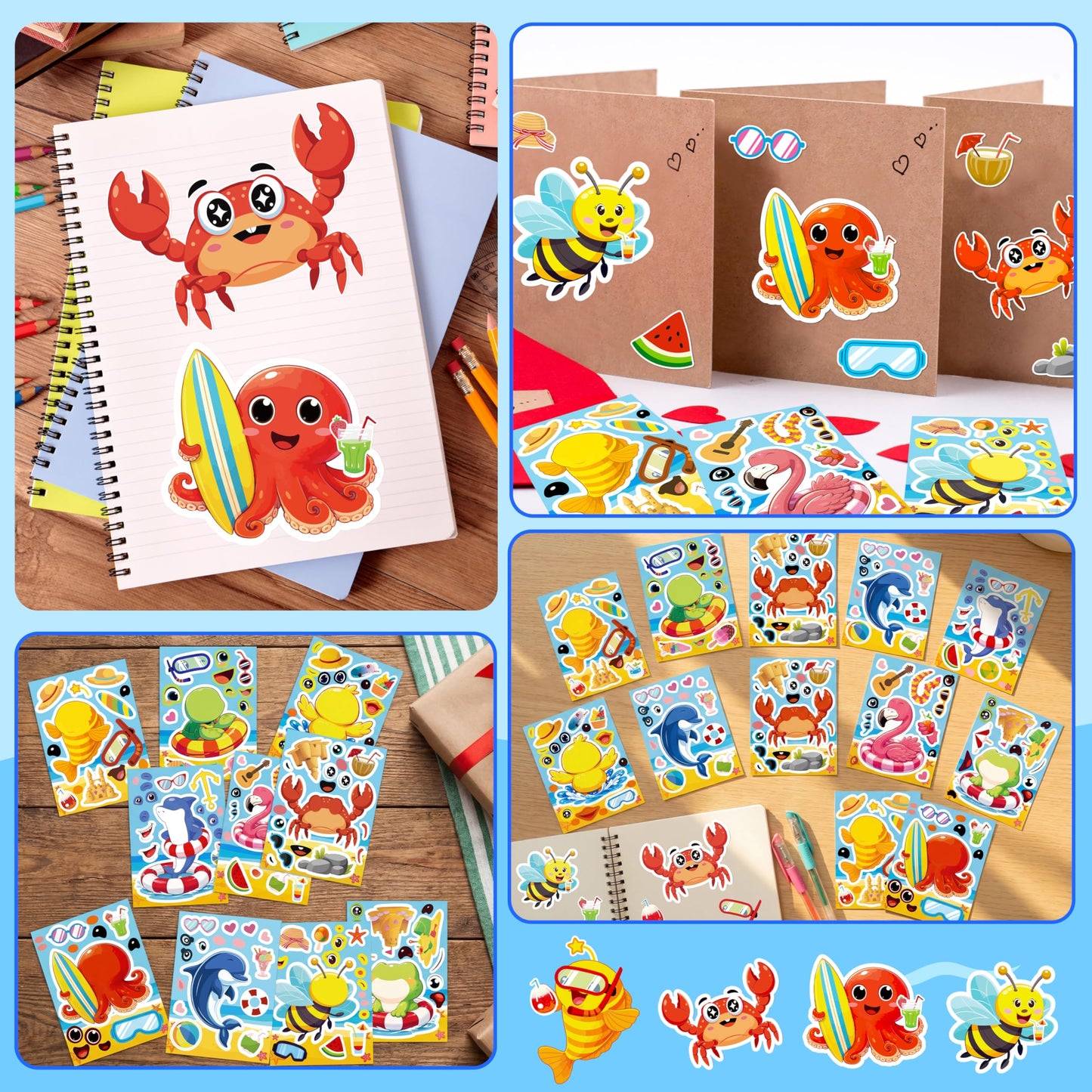 60Sheets Summer Animal Stickers Crafts Bulk, Hawaiian Beach Tropical Make-A-Flamingo/Bee/Fish Face Sticker Holiday Gifts Luau Pool Activity Games Goodie Bag Stuffer Party Favors(Small Size)