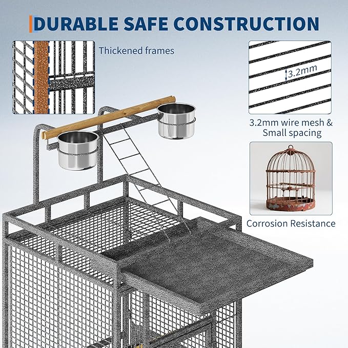 61Inch Bird Cage with Play Top, Extra Large Bird Cage with Wood Perches, Feeder for Parakeets, Canaries, Lovebirds, Small Quaker, Cockatiels, Budgie (60" h)