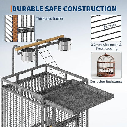 61 Inch Large Parrot Cage with Rolling Caster Wheels -, Smart Feeding & Cleanliness Design, Effortless Maintenance & Assembly, Portable Mobility with Rolling Stand