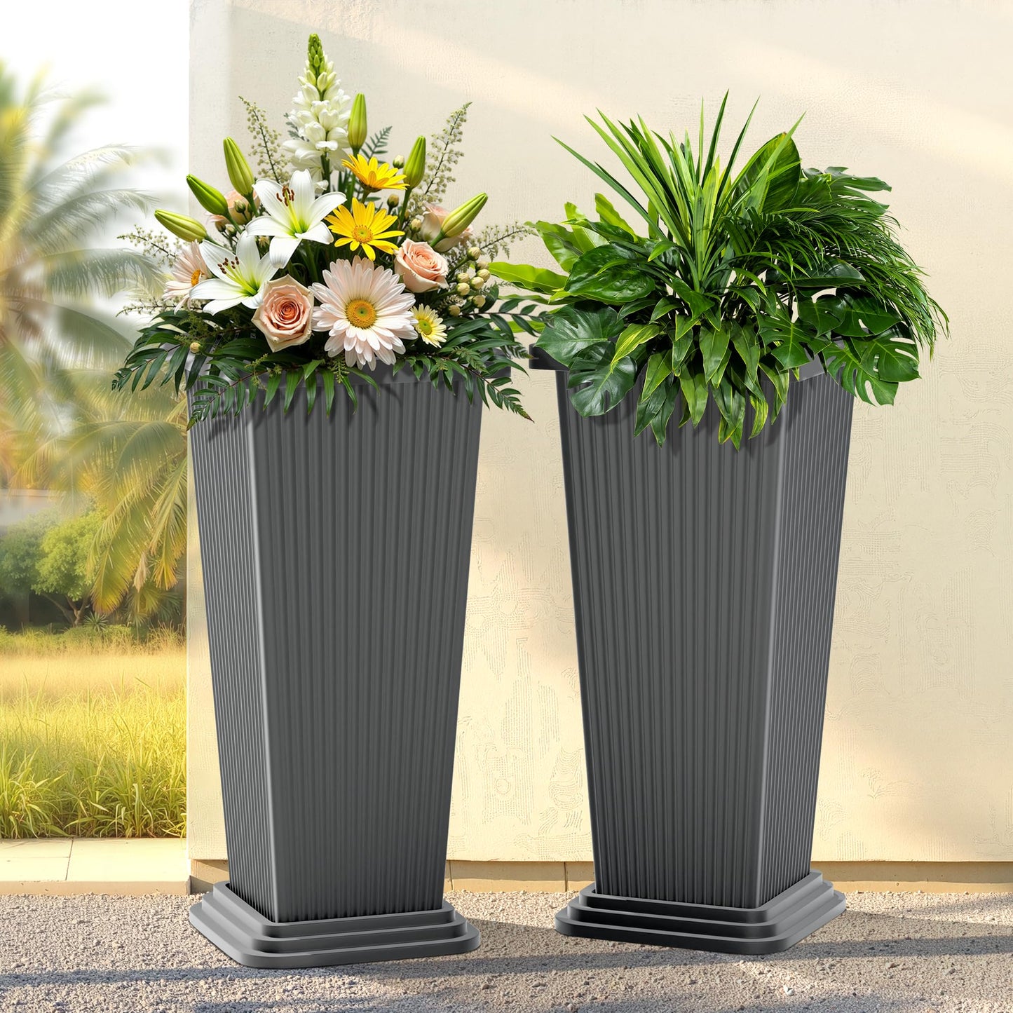 YESUNEED 24-Inch Tall Planters Set of 2 for Outdoor and Indoor Use,Tapered Flower Pots with Drainage Tray, Front Porch and Patio Decor,Ideal for Large Plants (Stripes-Grey)