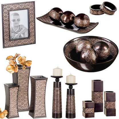 Creative Scents Dublin Brown Home Decor Tray with Orbs Set and Matching Candle Holder Set of 2 - Coffee Table Mantle Decor Centerpiece