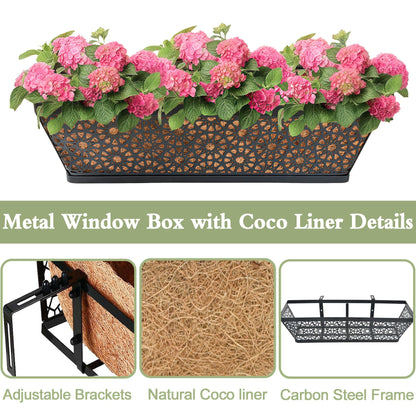 ZVOWOS Black Metal Railing Planter Window Box (4 Pack, 30 Inch) Horse Trough Planter with Coco Fiber Liner Deck Balcony Rail Planter for Porch Fence Patio Outdoor Garden Décor