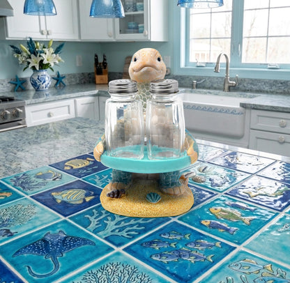 Sea Turtle Salt and Pepper Shakers Set with Holder, Coastal Beach Kitchen Table Decor, Ocean Themed Resin Figurine Set