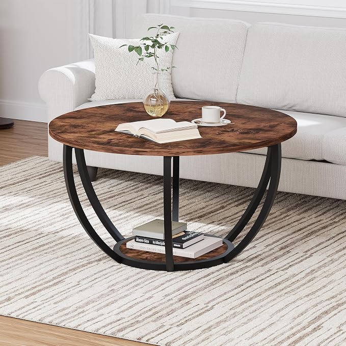 HOMERECOMMEND 28" Round Coffee Table with Storage,2-Tier Wood Accent Center Table for Living Room,Sofa Table for Home Office, Brown