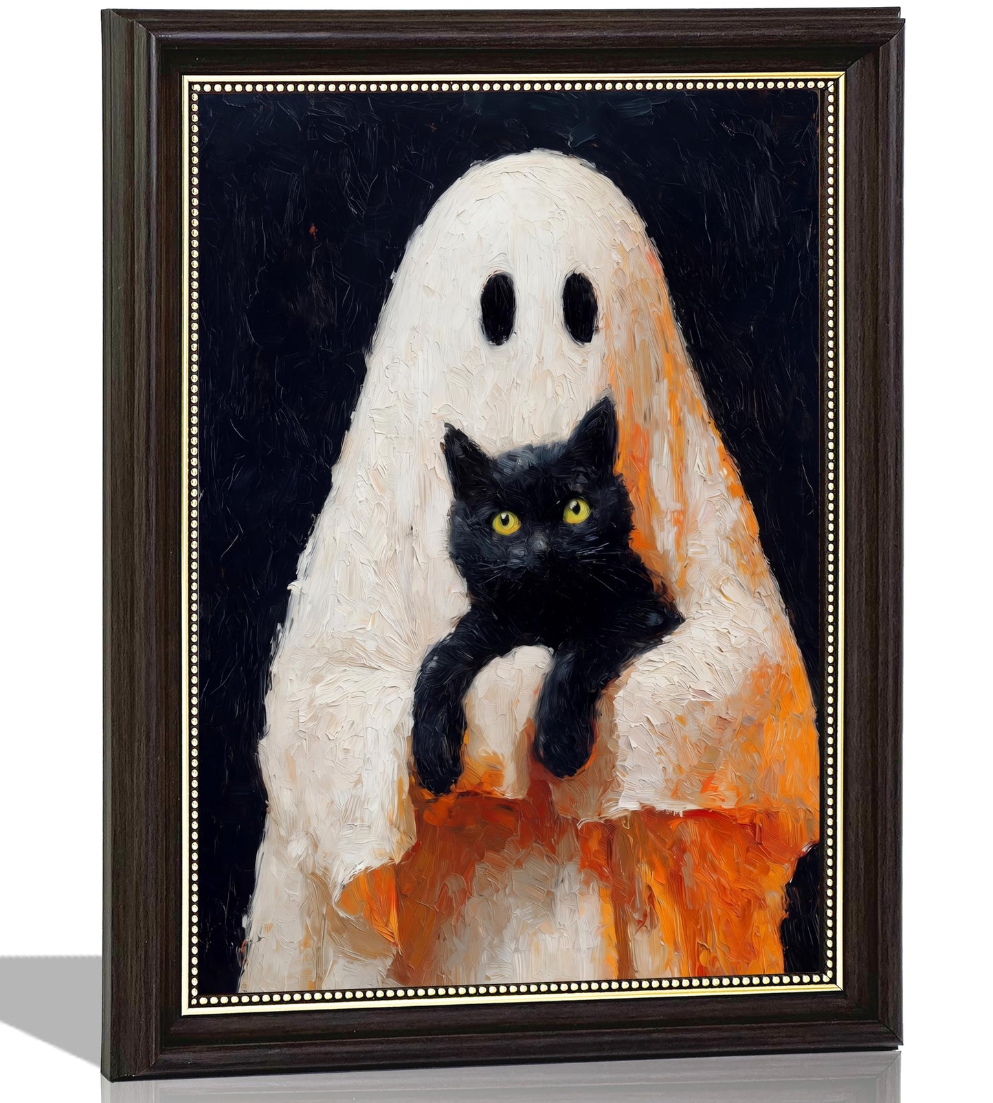 Ghost and Black Cat Wall Art 9x11, Dark Brown Framed Canvas Print, Cute Spooky Ghost Holding Cat Picture, Halloween Room Decor for Cat Lovers