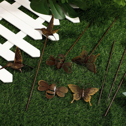 AceOrbit 6 Pcs Rusty Yard Stakes Spring Decor 11.8" Metal Butterfly Hummingbird Bee Stakes Rust Proof Plant Sticks Flowers Bed Decor for Farmhouse Outdoor Yard Lawn Patio Walkway Pathway (Insect)