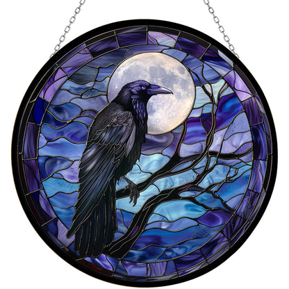 365CUSGIFTS Moon Crow Stained Glass Window Hanging Sun Catcher Halloween Haning Ornament Decoration Christmas Birthday Gifts for Lover and Friends