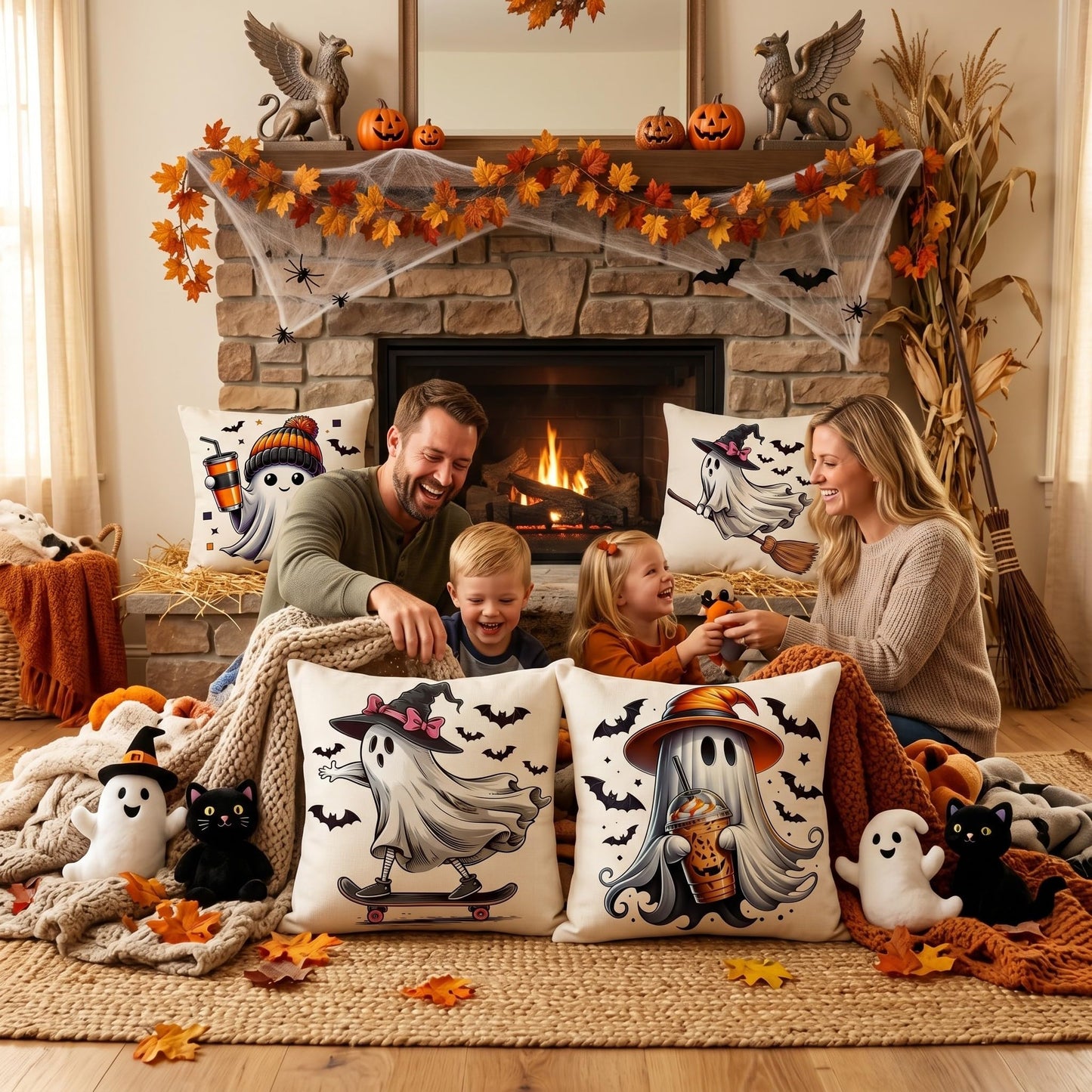 Fall Halloween Thanksgiving Pillow Covers 18x18 Set of 4, Faux Linen Polyester Decorative Throw Pillow Cases for Harvest Home Sofa Couch Bed Decor (CuteGhost)