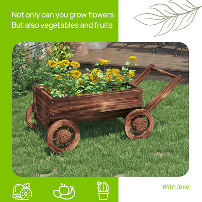 Wooden Flower Cart with Wheels Wooden Wagon Planter Outdoor Garden Planter Decor Planter for Patio Balcony Trolley Decoration Succulent Flower Pot, Indoor Backyard Balcon Decor（Large）