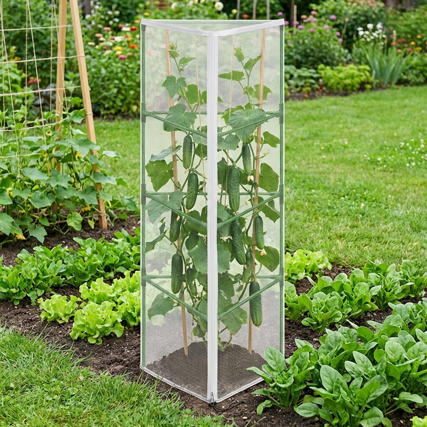 2 Pcs Garden Bird Netting for Triangle Plant Cage, 59" x 20" x 20" Tomato Cage Garden Net Cover with Zipper, Tomato Trellis Insect Bird Barrier Protection Mesh for Vertical Climbing Plant Vegetable