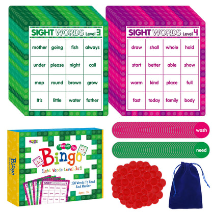 SpriteGru Sight Word Bingo Game, 120 Sight Words Learn to Read Level 3 & Level 4 Bingo Board Game Dolch's & Fry's Words Lists for Kindergarten and Preschool Kids 5+, Perfect for Classroom & At Home