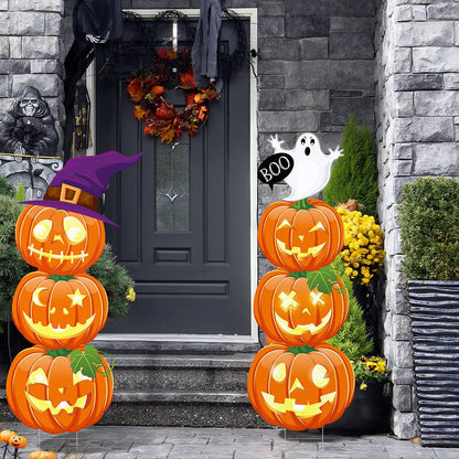 Jetec 2 Pcs 44 Inch Outdoor Halloween Decorations Light up Pumpkin Yard Stakes Plastic Stacked Pumpkin Witches Hat Boo Ghost Stake Sign with LED String Lights for Outside Home Lawn Pathway Party