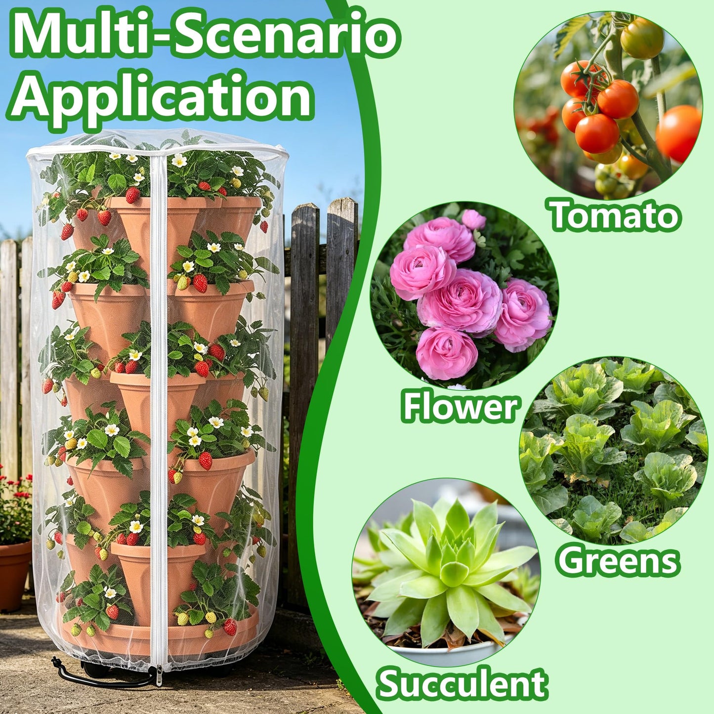 2 Pcs Vertical Plant Pot Insect Netting with Zipper, 39"x20" Stackable Planter Garden Net Cover, 3 to 5 Tier Planter Pot Insect Bird Barrier Protection Mesh for Strawberry Herb Flower Fruit Vegetable