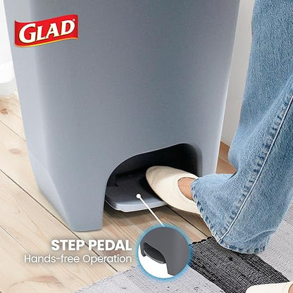 Glad 13 Gallon Trash Can with Clorox Odor Protection | Plastic Kitchen Waste Bin | Hands Free with Step On Foot Pedal and Garbage Bag Rings, Grey