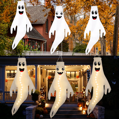 3PCS 43 Inch Halloween Lighted Hanging Ghost Windsocks Hanging Decorations for Tree, Fall LED Flag Wind Socks for Home Yard Outdoor Autumn Decor Party Supplies (Batteries Not Included,No Timer)