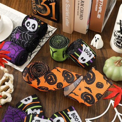 Whaline 6 Roll Happy Halloween Wired Edge Ribbon Ghost Boo Pumpkin Skull Spider Ribbon Colored Fabric Ribbons for Wreath Bow Making DIY Crafts Wrapping, 30 Yard