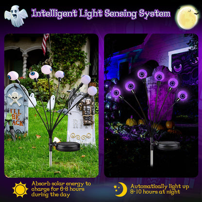 Outdoor Halloween Decorations - Swaying Solar Eyeball Lights, 2PCS 12LED Firefly Lights, 2 Mode Waterproof Path Lights for Yard, Garden, Lawn, and Party Decor (Purple)