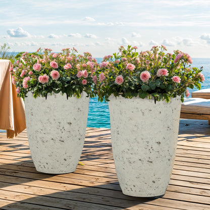 Autodaya 19.5" Resin Tall Planters for Outdoor Plants, Set of 2 Country White Large Flower Pots with Handmade Birch Bark Texture, Heavy-Duty and Weather-Resistant for Year Round Indoor Outdoor use