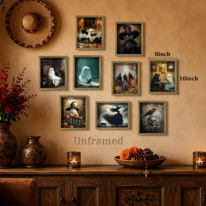 XYHYRA Halloween Wall Art Canvas Prints Set of 9, Dark Academia Wall Decor Painting, Ghost Cat Printed Poster, Gothic Spooky Aesthetic Picture for Gallery Living Room Bedroom Decor 8x10 inch Unframed